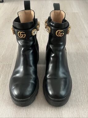 Gucci Black Leather Ankle Boots with Gold GG & Jeweled Strap